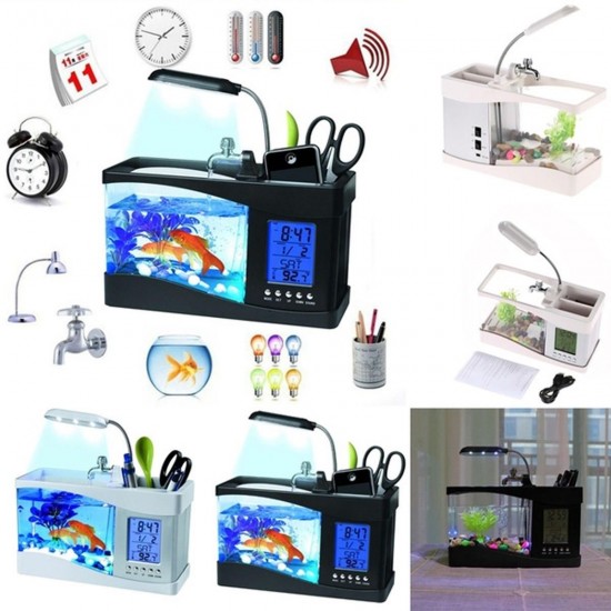 Small Aquarium Mini Fish Tank Goldfish Bowl Lamp Thermometer Alarm Clock LED Light Small Aquarium Mini Fish Tank Goldfish Bowl Lamp Thermometer Alarm Clock LED Light