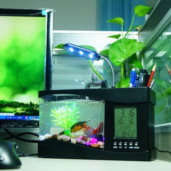 Small Aquarium Mini Fish Tank Goldfish Bowl Lamp Thermometer Alarm Clock LED Light Small Aquarium Mini Fish Tank Goldfish Bowl Lamp Thermometer Alarm Clock LED Light