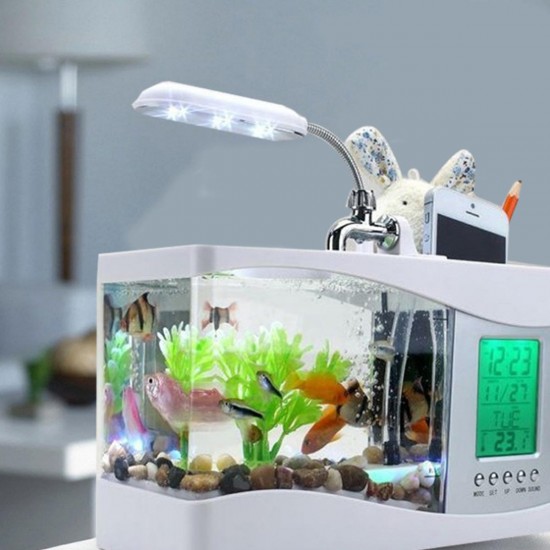 Small Aquarium Mini Fish Tank Goldfish Bowl Lamp Thermometer Alarm Clock LED Light