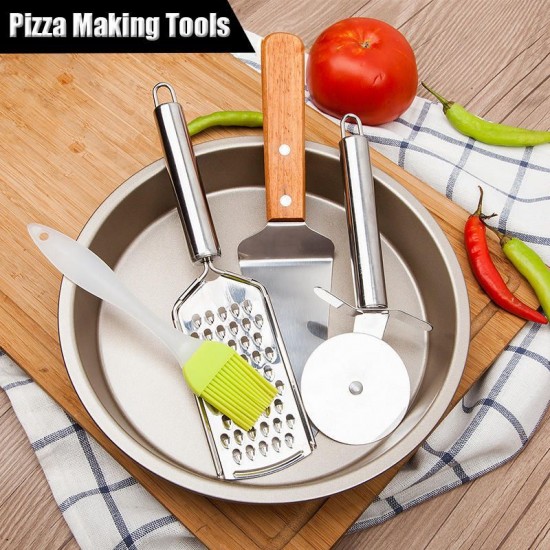 Stainless Steel DIY Pizza Making Tools Shovel Cutter Plate Brush Set