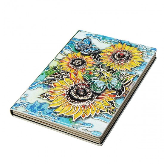 Vintage 3D Embossed Sunflower Travel Diary Notebook Journal Leather Notepad