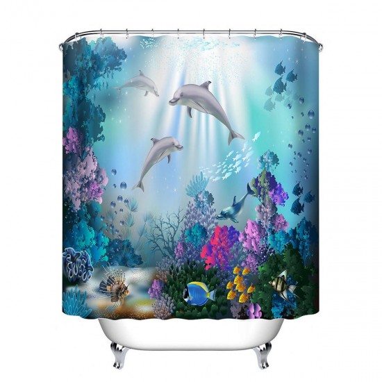 Waterproof Shower Curtain Underwater World Dolphin Bathroom Mat Hook Home