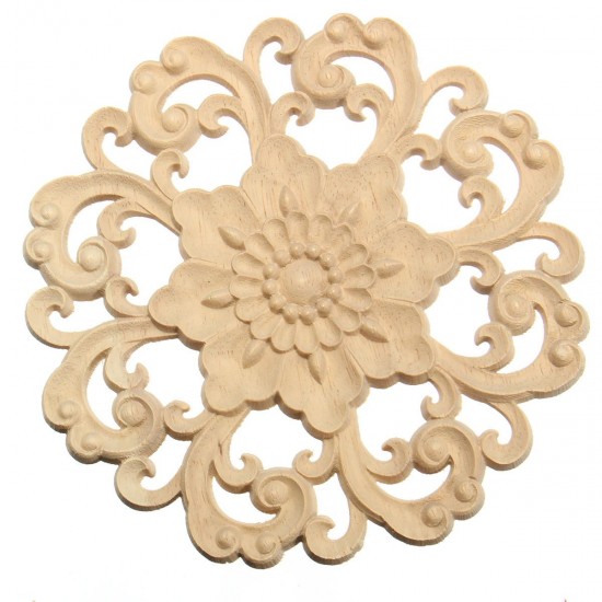 Wood Carved Onlay Applique Unpainted Flower Pattern Furniture Frame Door Decor 15cm