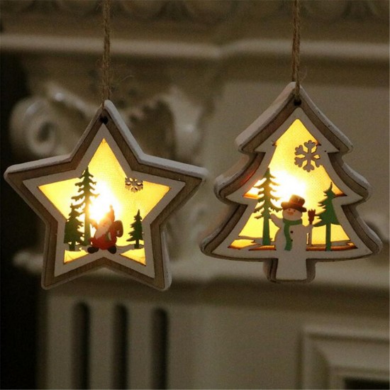 Wood Christmas Tree Hanging Ornaments Battery Powered LED Light Pendants Decoration