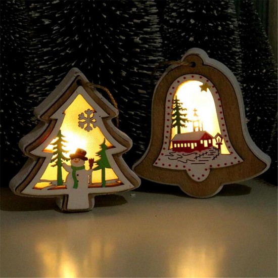 Wood Christmas Tree Hanging Ornaments Battery Powered LED Light Pendants Decoration