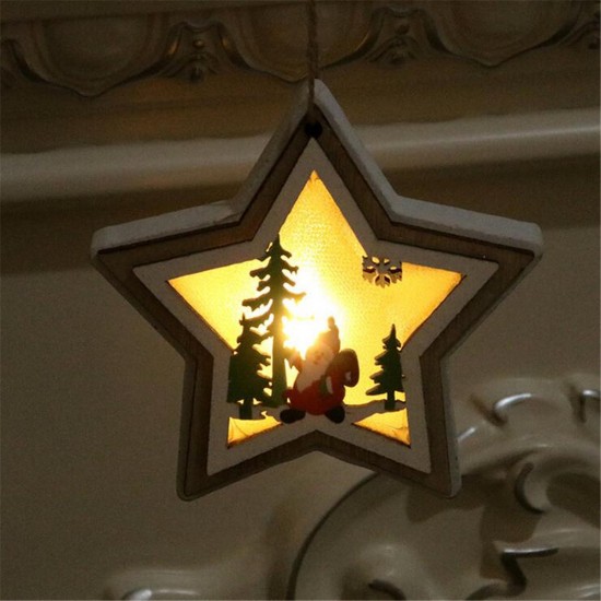 Wood Christmas Tree Hanging Ornaments Battery Powered LED Light Pendants Decoration