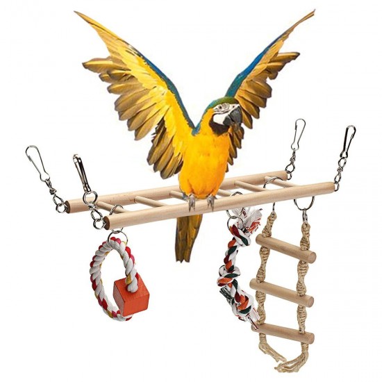 Wooden Bird Parrot Parakeet Cockatiel Ladder Hammock Swing Chew Hanging Toys