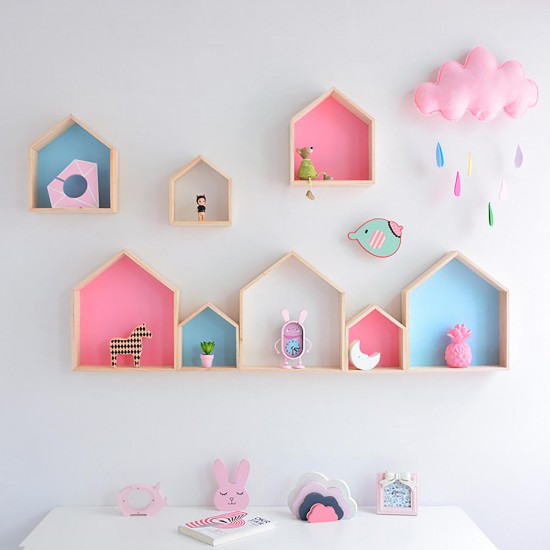 Wooden House Shape Wall Hanging Shelf Toy Storage Rack Home Decorations