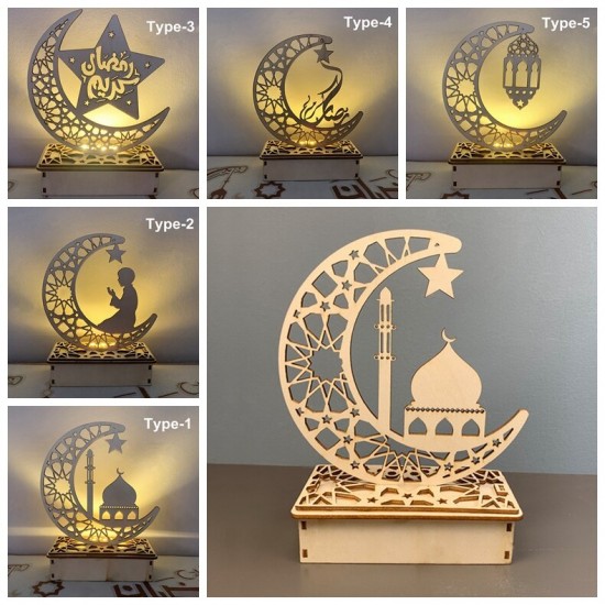 Wooden Ramadan Eid Mubarak Moon Star Islam Hanging Pendant Plate with LED String Light