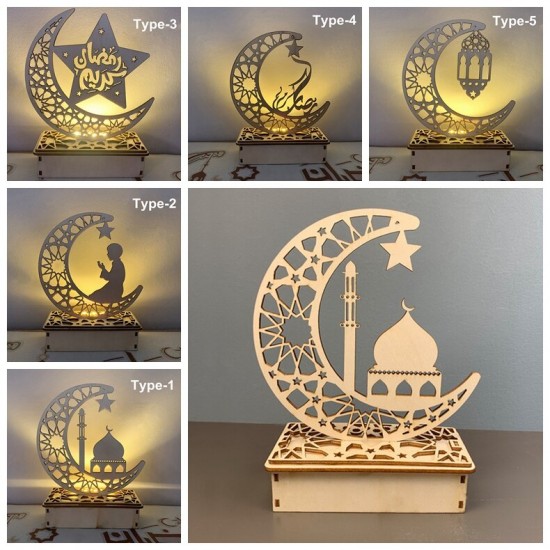 Wooden Ramadan Eid Mubarak Moon Star Islam Hanging Pendant Plate with LED String Light Wooden Ramadan Eid Mubarak Moon Star Islam Hanging Pendant Plate with LED String Light