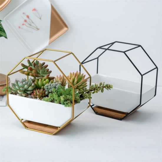 Wrought Iron Simple Octagonal Ceramic Flower Pot Creative Wall Hanging Succulent Flower Pot Set