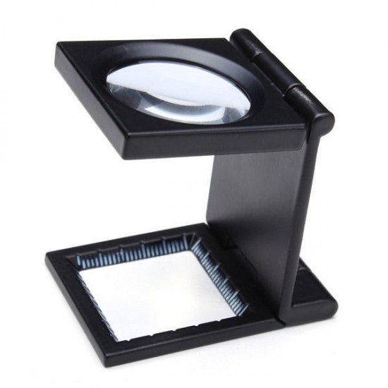 10X Zinc Alloy Black Metal Folding Mini Magnifier with Scale Pouch