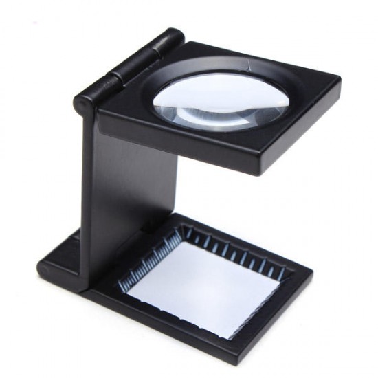 10X Zinc Alloy Black Metal Folding Mini Magnifier with Scale Pouch