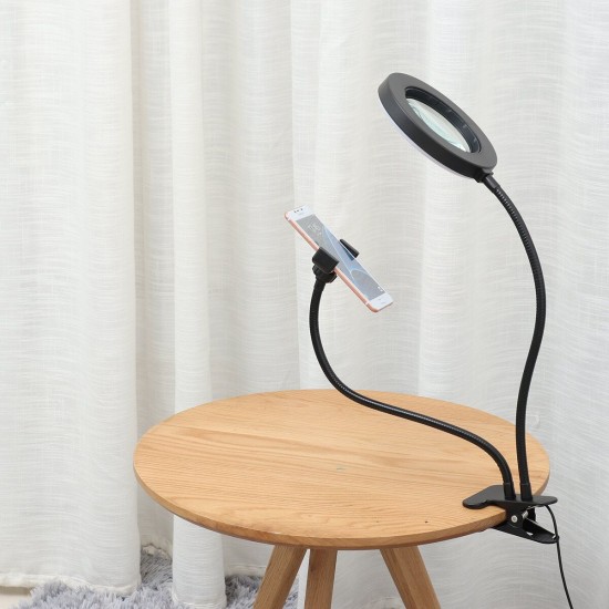 6 Inches 360° 10X Magnifier LED Light Lamp Desk Magnifying Glass with Clamp USB Charging