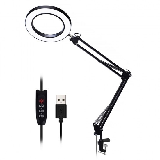 Flexible Desk Large 22cm+22cm 5X USB LED Magnifying Glass 3 Colors Illuminated Magnifier Lamp Loupe Reading/Rework Soldering with with Short Bracket