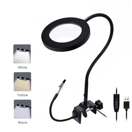 5X USB Magnifier LED Light with 2pc Flexible Arm Illuminated Magnifying Glasses Reading Welding Repair Third Hand Tool