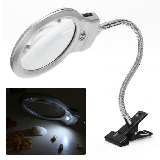 New 2.5 x 90MM 5 x 22MM 2 LED Lighted Table Top Desk Magnifier Magnifying Glass with Clamp