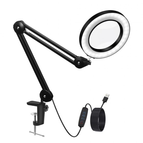 YG-809-1 5X Magnifying Lamp Illuminated Desktop Magnifier LED Lamp with 81mm Clamp Swivel Arm or Reading with Dust Cover Care Tools