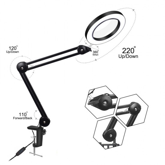 YG-809-1 5X Magnifying Lamp Illuminated Desktop Magnifier LED Lamp with 81mm Clamp Swivel Arm or Reading with Dust Cover Care Tools