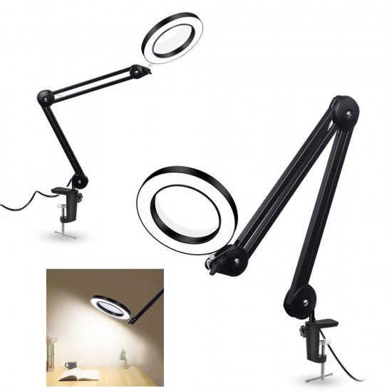 YG-809-2 5X Magnifying Lamp Illuminated Desktop Magnifier LED Lamp with 84mm Clamp Swivel Arm or Reading with Dust Cover Care Tools