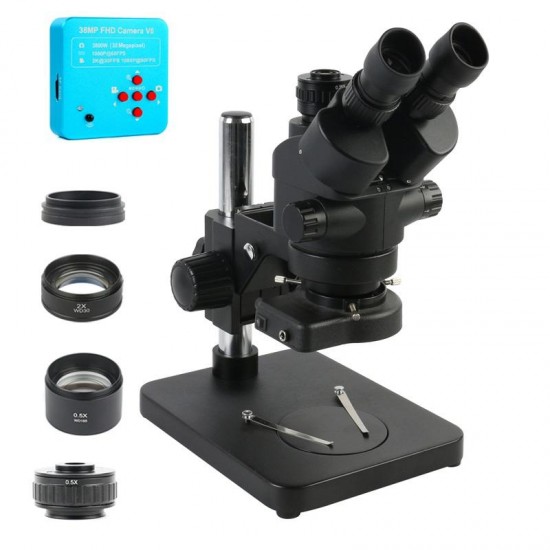 2019 Black 7X-45XZoom Stereo Microscope + HDMI USB 38MP Video Camera + 0.5x 2.0x Auxiliary Lens