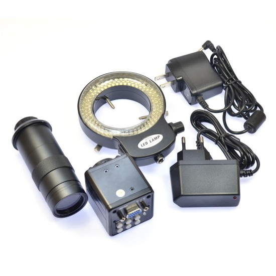 HD VGA 2.0MP Digital Industrial Microscope Camera 100X Zoom C-mount Lens 144 LED Adjustable Light