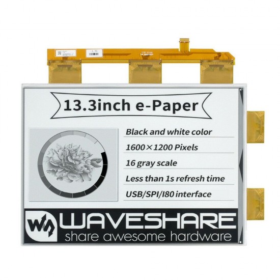 13.3 Inch e-Paper e-Ink Display HAT 1600x1200 Black and White 16 Grey Scales USB/SPI/I80 Support For Raspberry Pi STM32