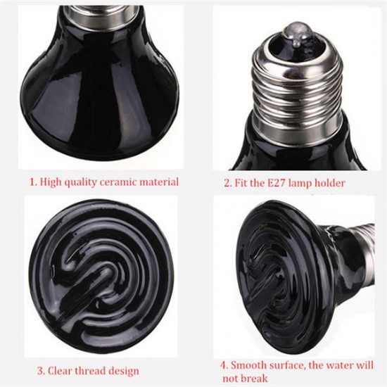 220V Mini Black Ceramic Heat Infrared Emitter Lamp Bulb for Reptile Pet Brooder 25W/50W/75W/100W