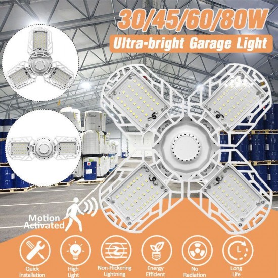 30W/45W/60W/80W E27 Radar Sensor LED Garage Light Bulb Deformable Ceiling Fixture Workshop Lamp AC85-265V
