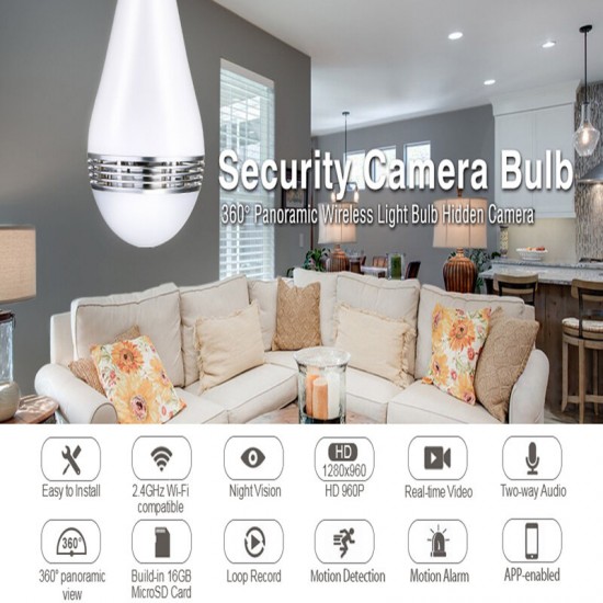 360° Panoramic HD Wireless Camera Wifi Light Bulb 1080P SecurityW / Memory