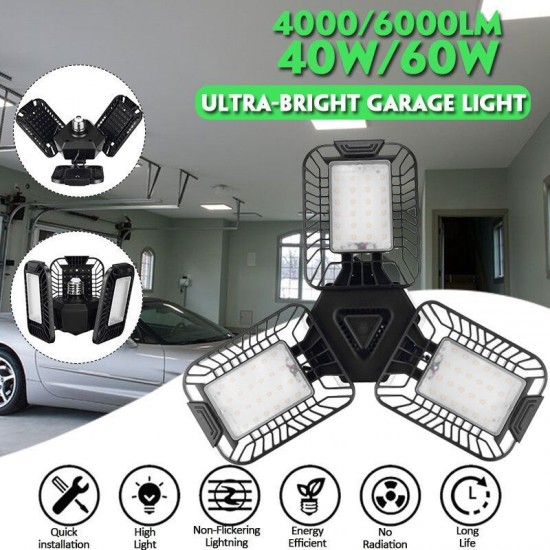 40/60W Deformable Garage Light Ultra-Bright E27 Trilight Lamp Set with 3 Panels