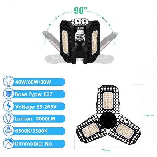 40W 60W 80W E27 LED Bulb SMD2835 Foldable Garage Light Deformable Ceiling Fixture Workshop Lamp AC85-265V