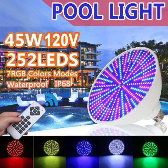 45W 252 LED Swimming Pool Light RGB Underwater IP68 Lamp 120V + Remote Control