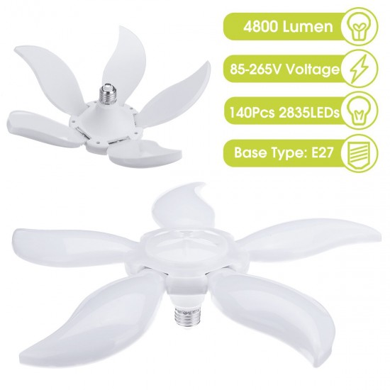 4800LM 5Leaf E27 LED Ceiling Lamp Universal Garage Light Screw Fan Blade Angle Adjustable Deformation LED Bulb Restaurant Lighting