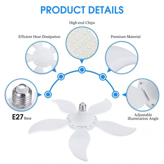 4800LM 5Leaf E27 LED Ceiling Lamp Universal Garage Light Screw Fan Blade Angle Adjustable Deformation LED Bulb Restaurant Lighting 4800LM 5Leaf E27 LED Ceiling Lamp Universal Garage Light Screw Fan Blade Angle Adjustable Deformation LED Bulb Restaurant Lighting