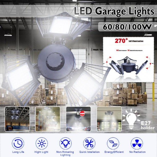 60/80/100W LED Garage Lights Deformable Ceiling Fixture Workshop Shop Three-Leaf