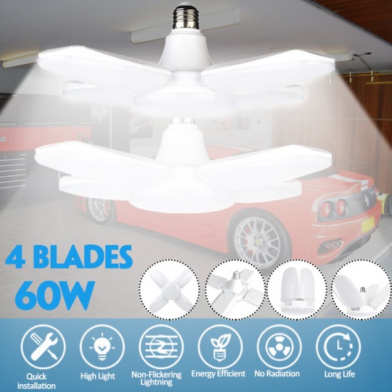 60W E27 LED Garage Light Bulb 4 Blades Deformable Home Ceiling Fixture Shop Lamp 95-265V