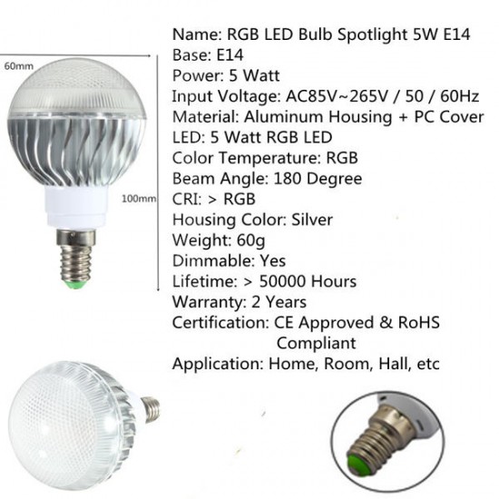 B22/E27/E14 5W RGB Remote Controlled Colour Changing LED Light Bulb AC 85-265V B22/E27/E14 5W RGB Remote Controlled Colour Changing LED Light Bulb AC 85-265V