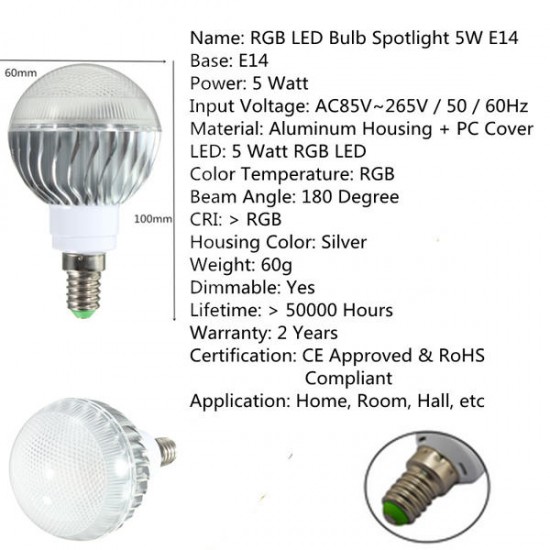 B22/E27/E14 5W RGB Remote Controlled Colour Changing LED Light Bulb AC 85-265V