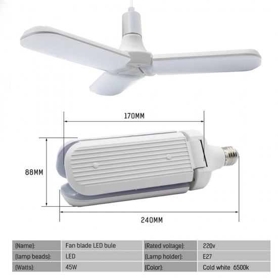 E27 45W 2835 228LED Foldable Fan Blade Angle Adjustable Light Bulb for Indoor Home Decor AC85-265V