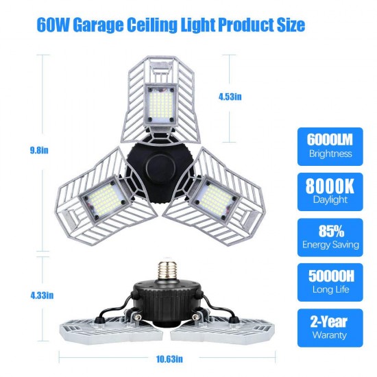 E27 60W 6000LM 144 LED Light Bulb Deformable Adjustable Daylight Shop Ceiling Garage Lamp AC220V