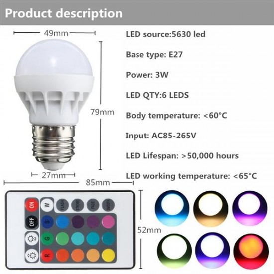 E27 LED RGB Bulb 3W SMD 5630 Color Changing 24 Keys IR Remote Control Globe Light Lamp AC 85-265V