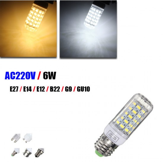 E27/E14/E12/B22/G9/GU10 Dimmable 6W AC220V LED Bulb White/Warm White 60 SMD 5730 Corn Light Lamp E27/E14/E12/B22/G9/GU10 Dimmable 6W AC220V LED Bulb White/Warm White 60 SMD 5730 Corn Light Lamp