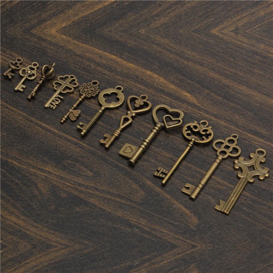 11Pcs Antique Vintage Old Look Skeleton Key Set Pendant Heart Bow Steampunk Lock