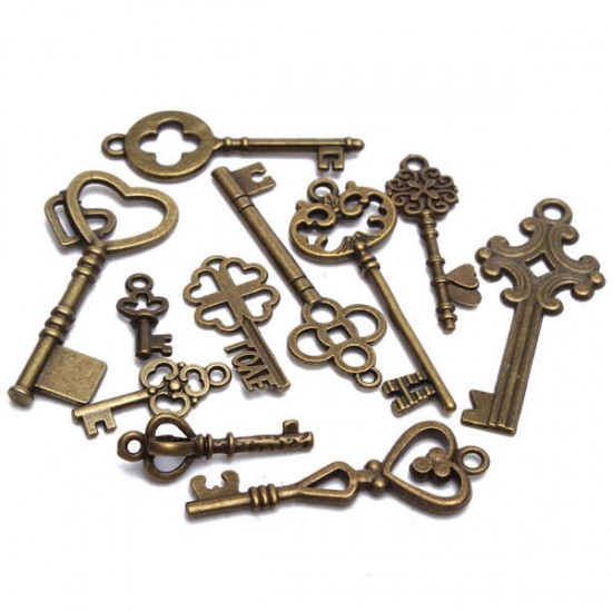 11Pcs Antique Vintage Old Look Skeleton Key Set Pendant Heart Bow Steampunk Lock