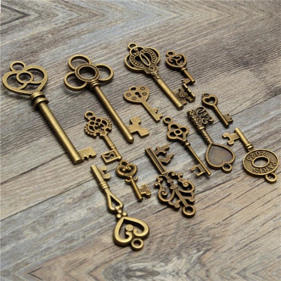 13pcs Antique Vintage Old Look Skeleton Key Lot Set Pendant Heart Bow Lock Steampunk Jewel
