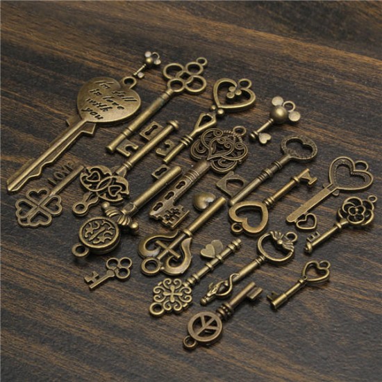 19Pcs Antique Vintage Old Look Skeleton Key Set Lot Pendant Heart Bow Lock Steampunk Jewel