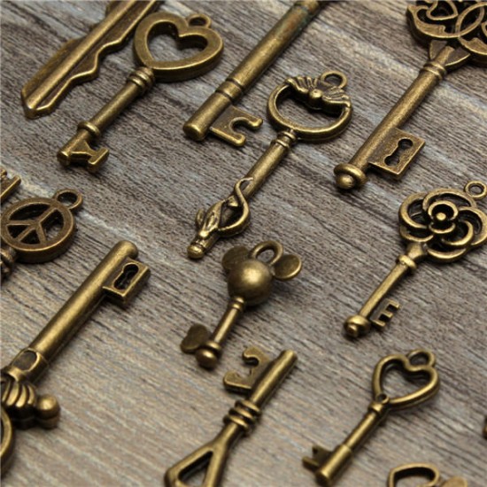 19Pcs Antique Vintage Old Look Skeleton Key Set Lot Pendant Heart Bow Lock Steampunk Jewel