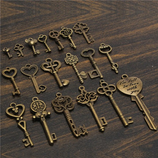 19Pcs Antique Vintage Old Look Skeleton Key Set Lot Pendant Heart Bow Lock Steampunk Jewel