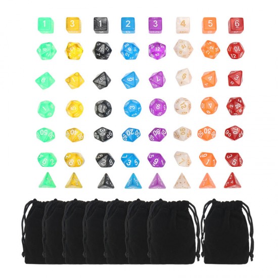 56 Pcs Polyhedral Board RPG MTG Dice Sets 8 Colors 4D 6D 8D 10D 12D 20D with 8 Pouch
